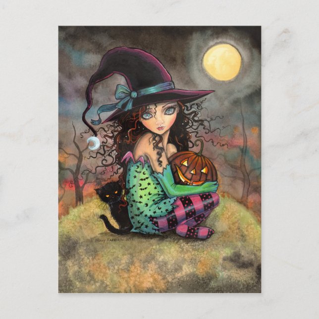 Carte Postale Sorcière d'Halloween Chat Noir et Jack-O-Lantern (Devant)