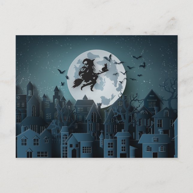 Carte Postale Sorcière d'Halloween coupée au-dessus de la ville (Devant)