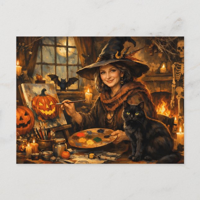 Carte Postale Sorcière d'Halloween Peinture Citrouille  (Devant)