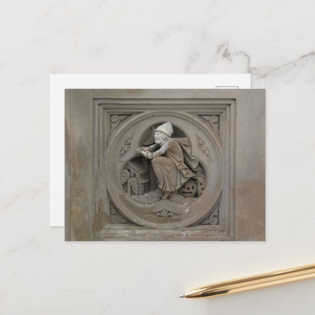 Carte Postale Sorcière d'Halloween sur Broom 3d Stone Carving Ph (Devant/Arrière en situation)