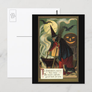 Carte Postale Sorcière d'Halloween vintage remuant un chaudron m