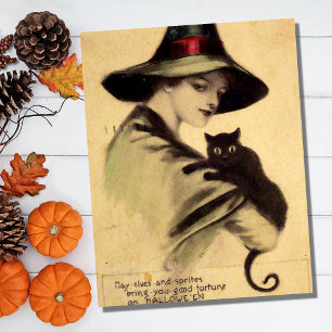 Carte Postale Sorcière d'Halloween vintage tenant un chat noir