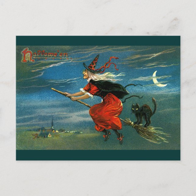 Carte Postale Sorcière d'Halloween volante avec chat (Devant)