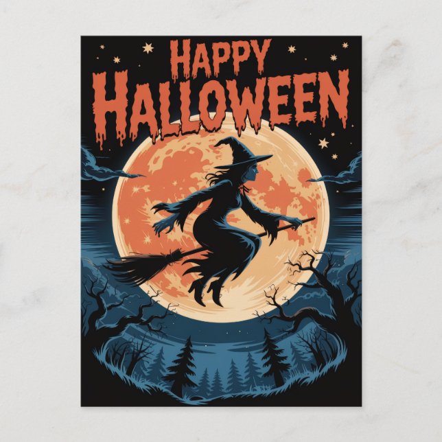 Carte Postale Sorcière Éffrayante d'Halloween traversant une Ple (Devant)