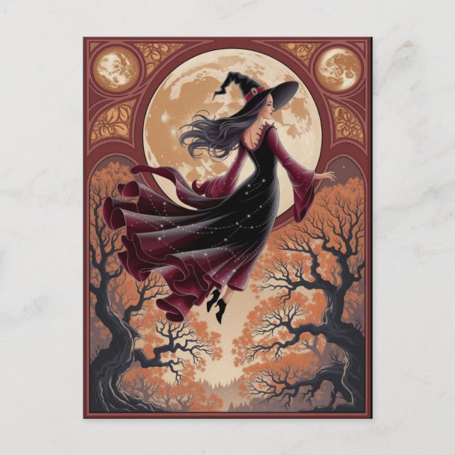 Carte Postale Sorcière Éffrayante d'Halloween traversant une Ple (Devant)