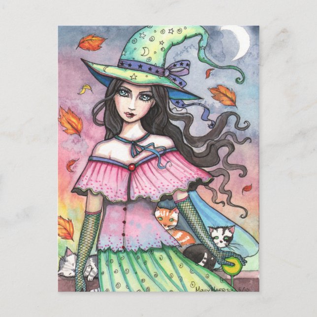 Carte postale Sorcière et 3 chats par Molly Harris (Devant)