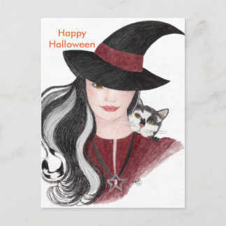 Carte Postale Sorcière et chat