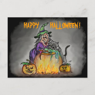 Carte Postale Sorcière et chat, Joyeux Halloween !