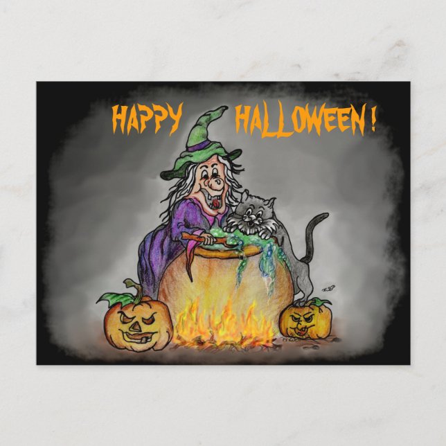 Carte Postale Sorcière et chat, Joyeux Halloween ! (Devant)