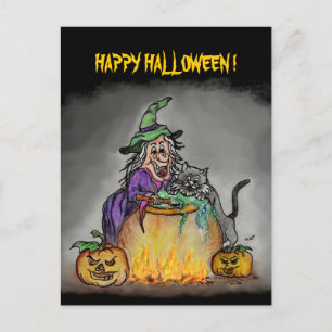 Carte Postale Sorcière et chat, Joyeux Halloween !