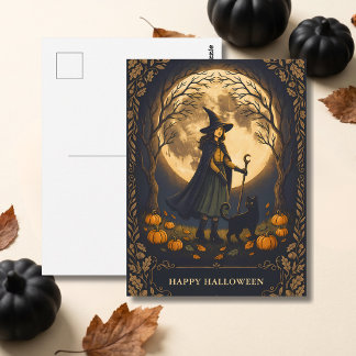 Carte Postale Sorcière et chat noir Halloween