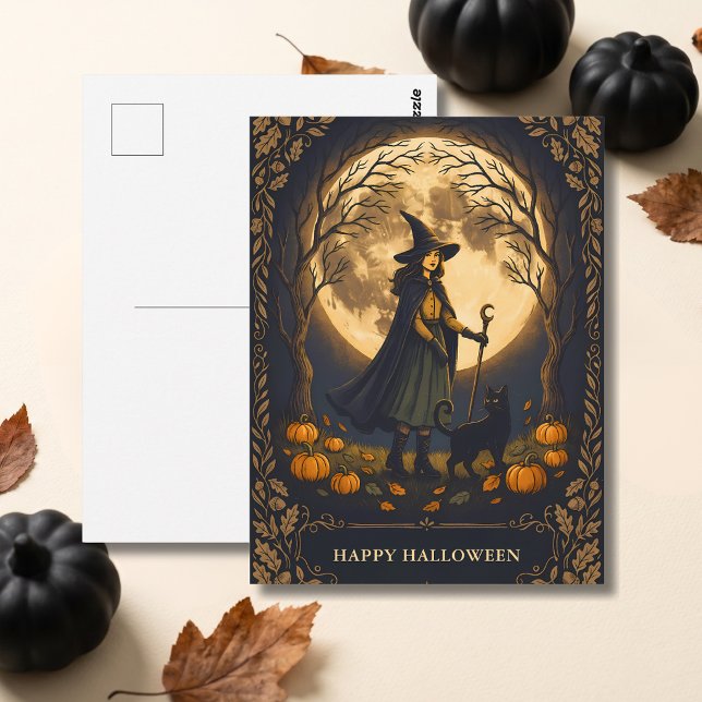 Carte Postale Sorcière et chat noir Halloween (Créateur téléchargé)