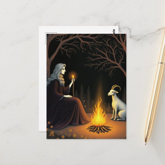 Carte Postale Sorcière et chèvre au feu de joie (Devant/Arrière en situation)
