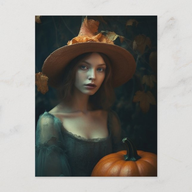 Carte Postale Sorcière et Citrouille d'automne (Devant)