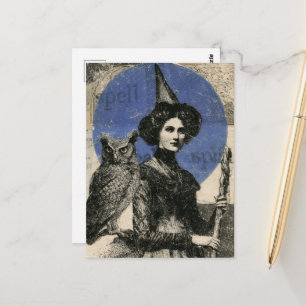 Carte Postale Sorcière et hibou Collage de sorts rétro