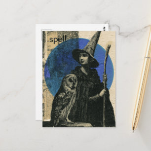 Carte Postale Sorcière et hibou Collage de sorts rétro
