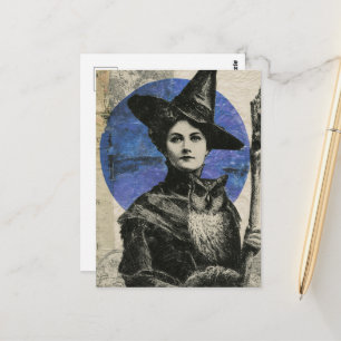 Carte Postale Sorcière et hibou rétro collage