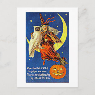 Carte Postale Sorcière et hibou sur la Lune Halloween Vintage