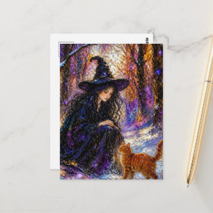 Carte Postale Sorcière et son chat roux dans les bois hivernaux