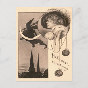 Carte Postale Sorcière Femme Lune Croissante Citrouille