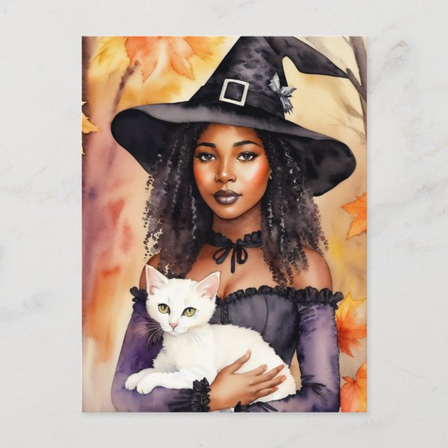 Carte Postale Sorcière Femme Noire Avec Chat Aquarelle Automne (Devant)