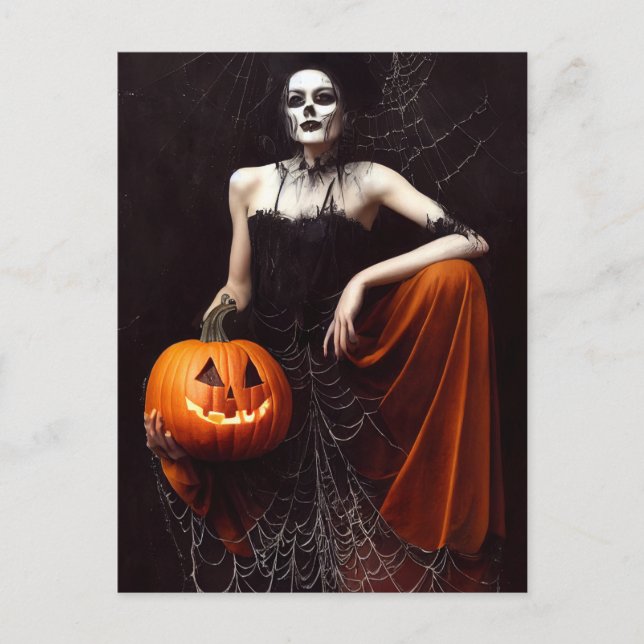 Carte Postale Sorcière gothique avec citrouille. Happy Halloween (Devant)