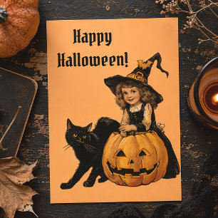 Carte Postale Sorcière Halloween vintage avec chat noir et citro