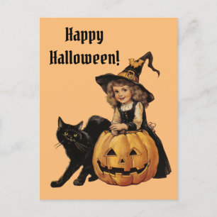 Carte Postale Sorcière Halloween vintage avec chat noir et citro