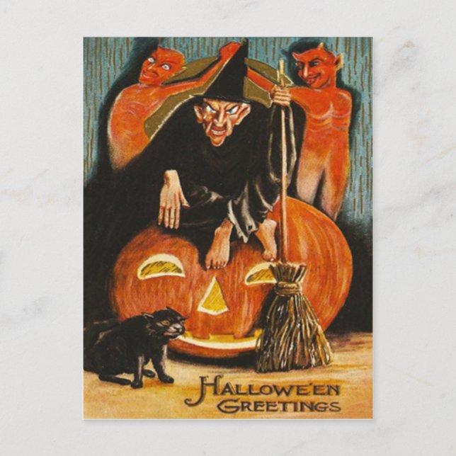 Carte Postale Sorcière Jack-o'-lantern Devil Demon Black Cat (Devant)