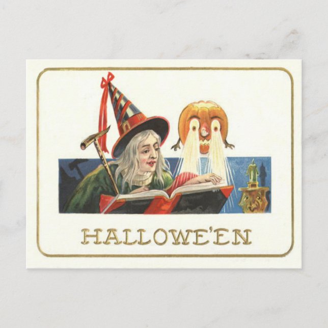 Carte Postale Sorcière lisant une citrouille Jack O Lantern (Devant)