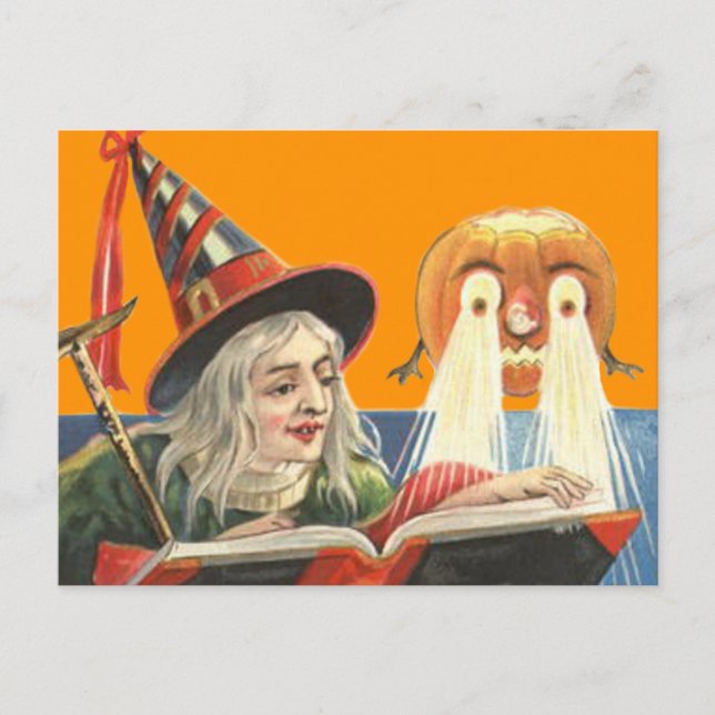 Carte Postale Sorcière lisant une citrouille Jack O Lantern (Devant)