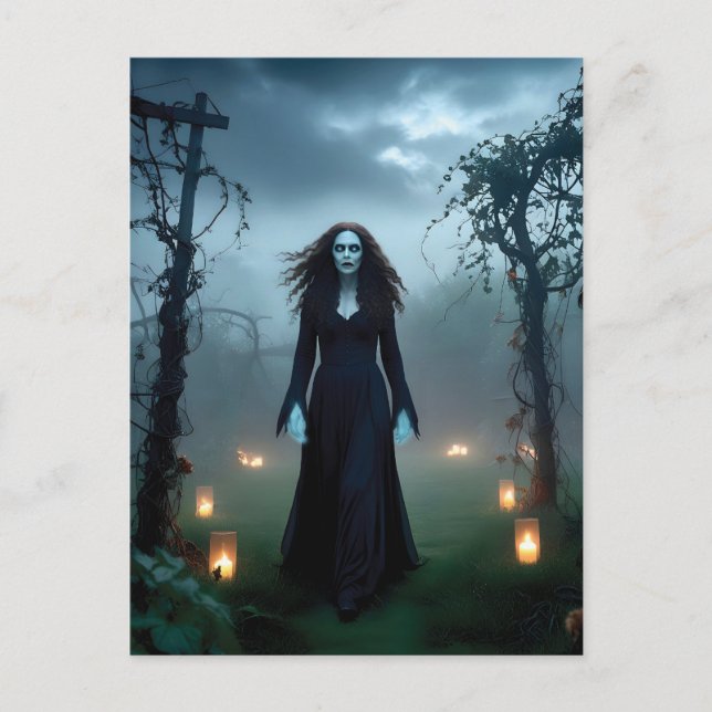 Carte Postale Sorcière magique, Déplaisante dans un jardin décré (Devant)