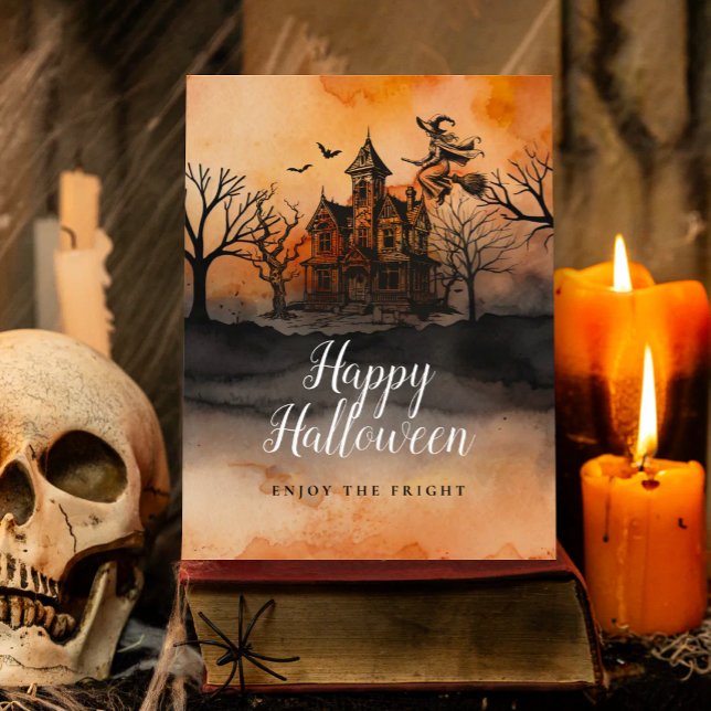 Carte Postale Sorcière Méchante Orange Maison Hantée Halloween (Créateur téléchargé)