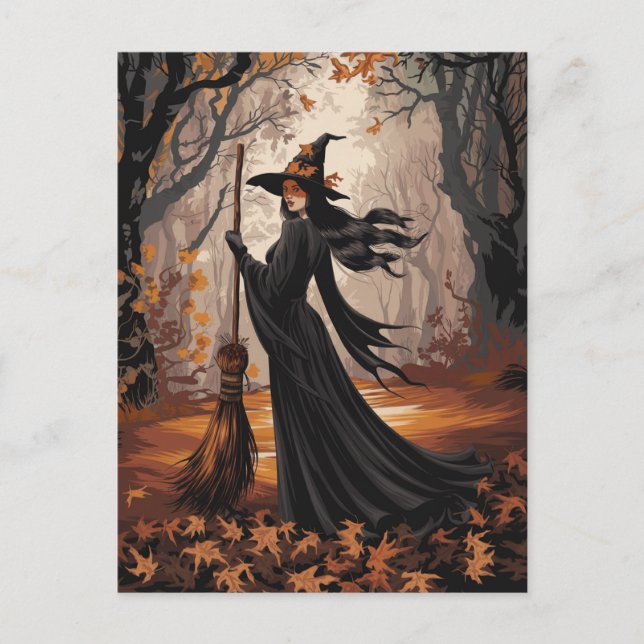 Carte Postale Sorcière moderne tendance d'Halloween en forêt (Devant)