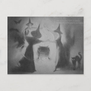 Carte Postale Sorcière monochrome Chauve-souris Nuit Chaudron Ch