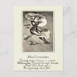 Carte Postale Sorcière monochrome volant balai hibou chauve-sour