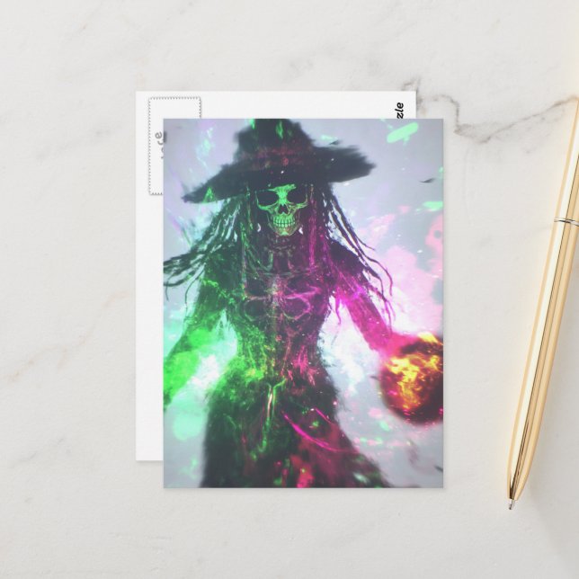 Carte Postale Sorcière Pirate Squelette Halloween (Devant/Arrière en situation)