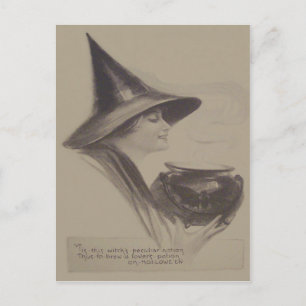 Carte Postale Sorcière souriante Cauldron Spell Potion Sepia