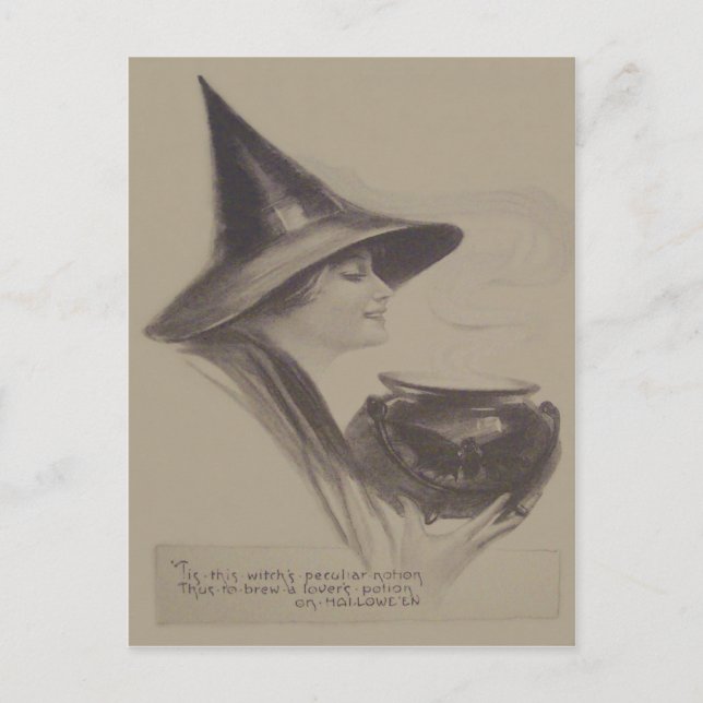 Carte Postale Sorcière souriante Cauldron Spell Potion Sepia (Devant)