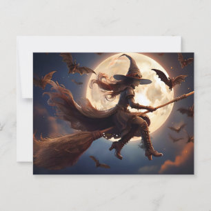 Carte Postale Sorcière Steampunk Halloween Vol au Clair de Lune