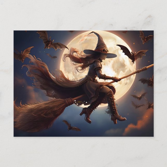 Carte Postale Sorcière Steampunk Halloween Vol au Clair de Lune (Devant)