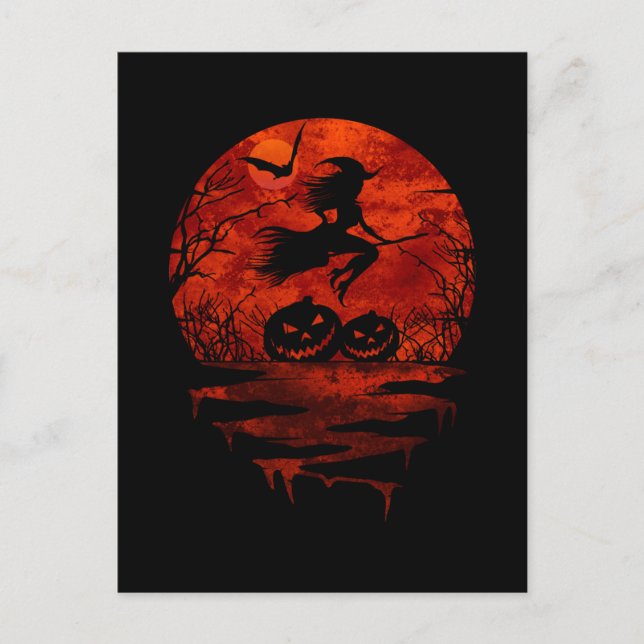 CARTE POSTALE SORCIÈRE SUR BALAI LUNE ROUGE (Devant)