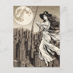 Carte Postale Sorcière sur la ville en Pleine lune, Halloween