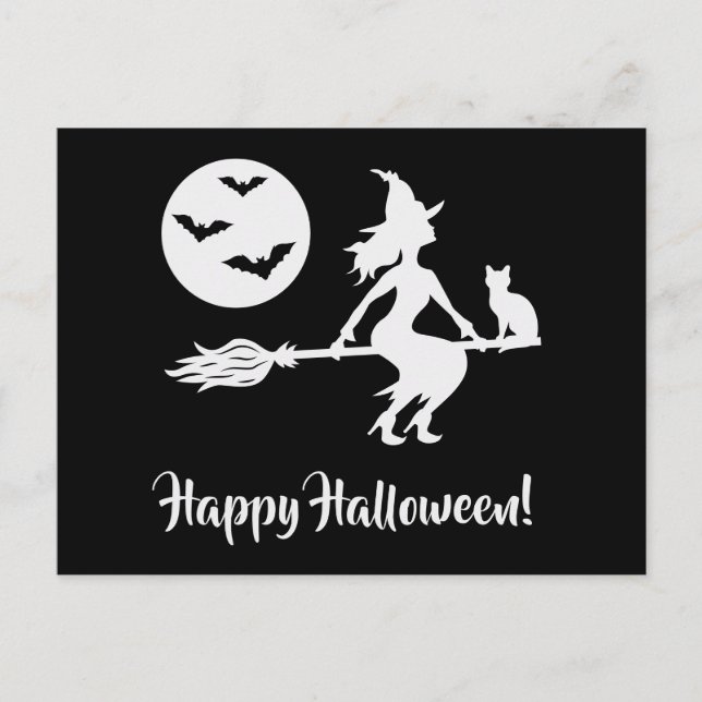 Carte Postale Sorcière Sur Un Broom Noir Et Blanc Joyeux Hallowe (Devant)