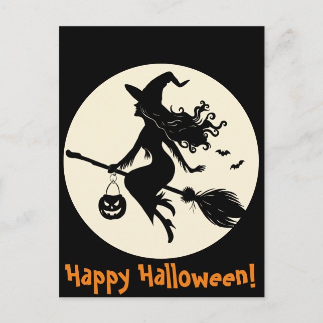 Carte Postale Sorcière sur un Halloween Broomstick (Devant)