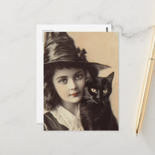 Carte Postale Sorcière Vintage et son Chat Noir
