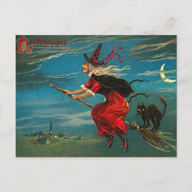 Carte postale sorcière vintage, Halloween, Chat no (Devant)