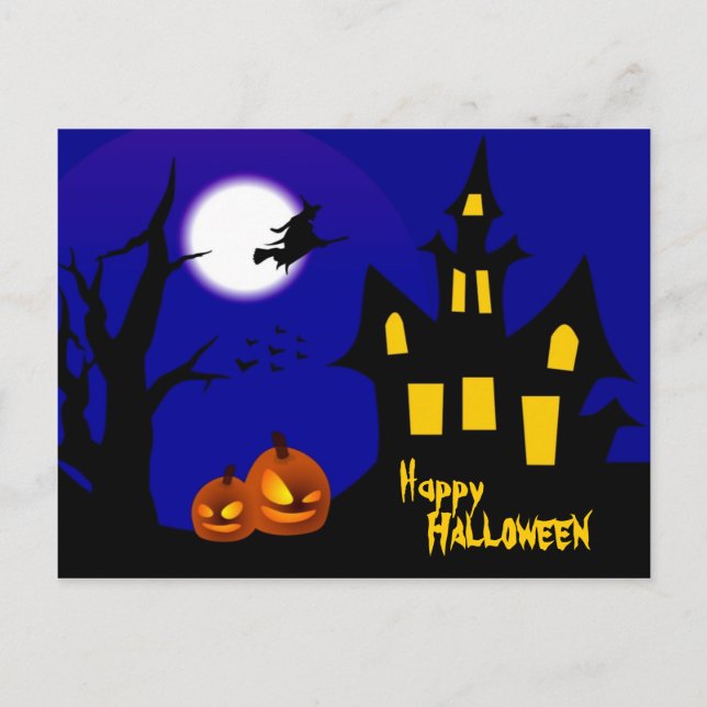 Carte Postale Sorcière volante dans la nuit d'Halloween (Devant)