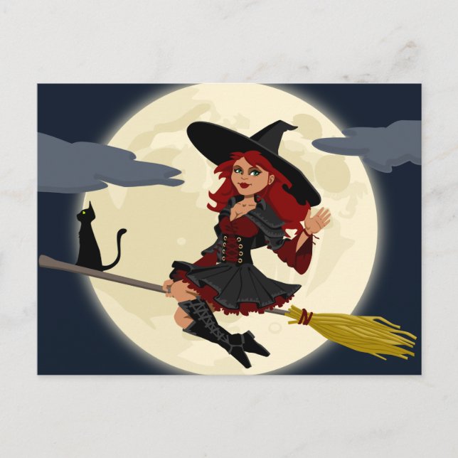 Carte Postale Sorcière volante d'Halloween (Devant)