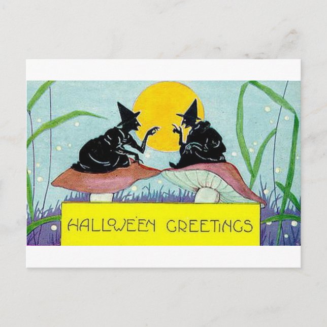 Carte Postale Sorcières de salutations d'Halloween sur les champ (Devant)